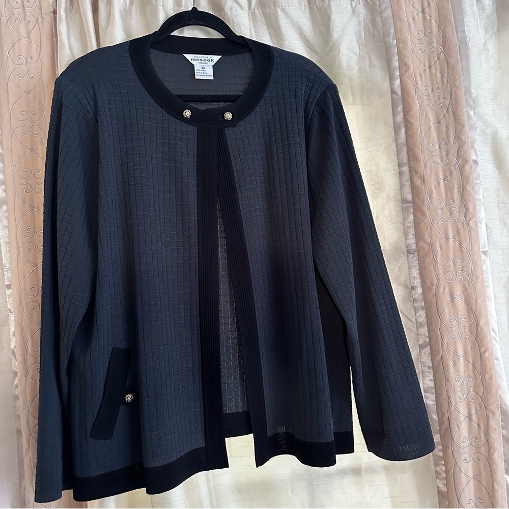 Misook Cardigan Sweater With Round Collar Gold Buttons, Gray, Sz. 2XL